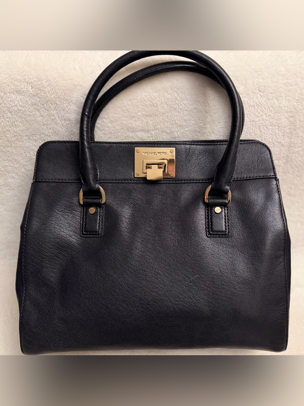 Michael Kors Black Pebbled Leather Satchel Tote Handbag Gold Lock Accent